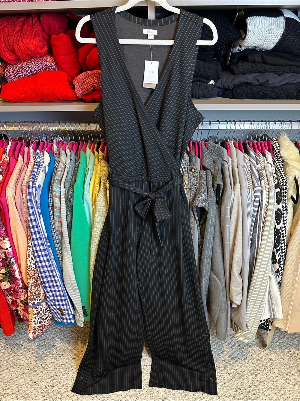 J. Jill black/gray pinstriped sleeveless v neck belted jumpsuit size M NWT
